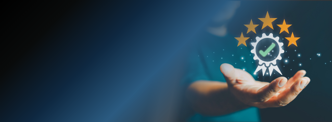 Hand holding a digital quality badge with five stars and a check mark, representing warranty