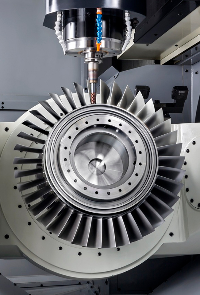 Five-axis CNC machining of an aerospace turbine impeller, demonstrating high-precision manufacturing for complex aircraft components.